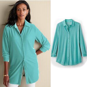 Soft Surroundings Velvet Boyfriend Tunic Shirt Teal Long Sleeve Button-Up Size L